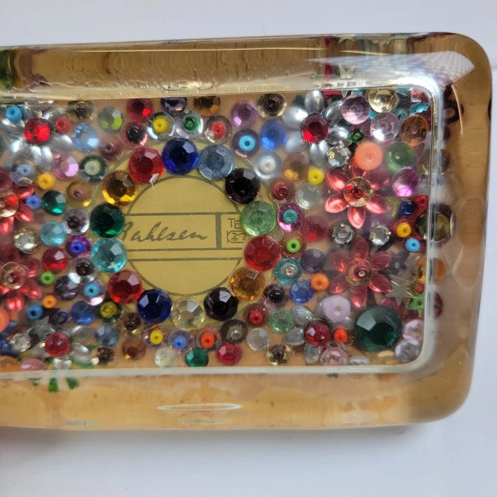 Vintage Lucite Paperweight Multicolored Rhinestones Beads Felt Backing 4